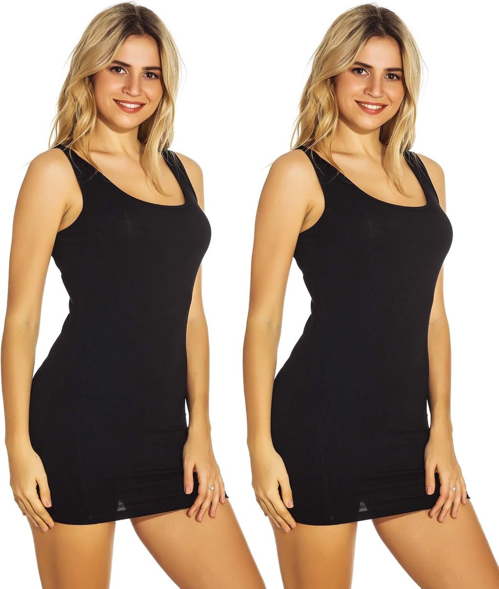 Lange mouwloze tanktop met fijne ribstructuur en stretch voor dames, set van 2