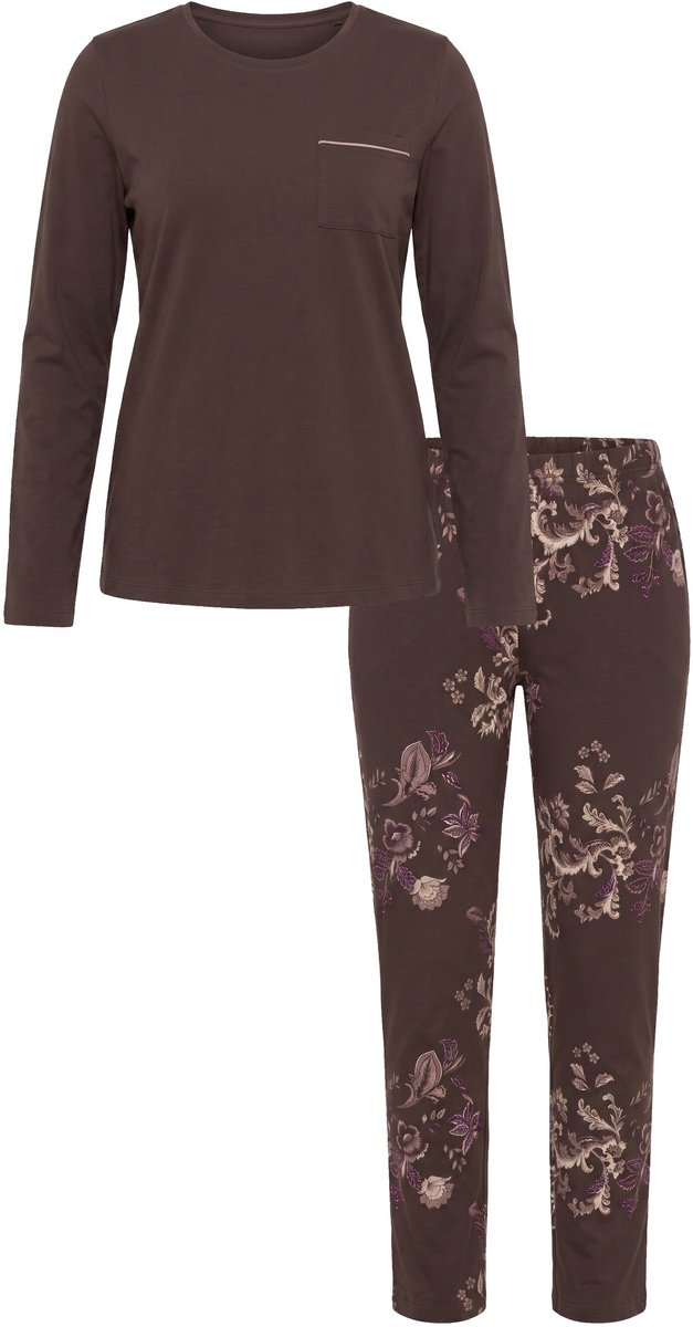 Ulla Popken - Dames - Pyjama ornamenten ronde hals lange mouwen modalmix - Dennenbruin - Maat 46+