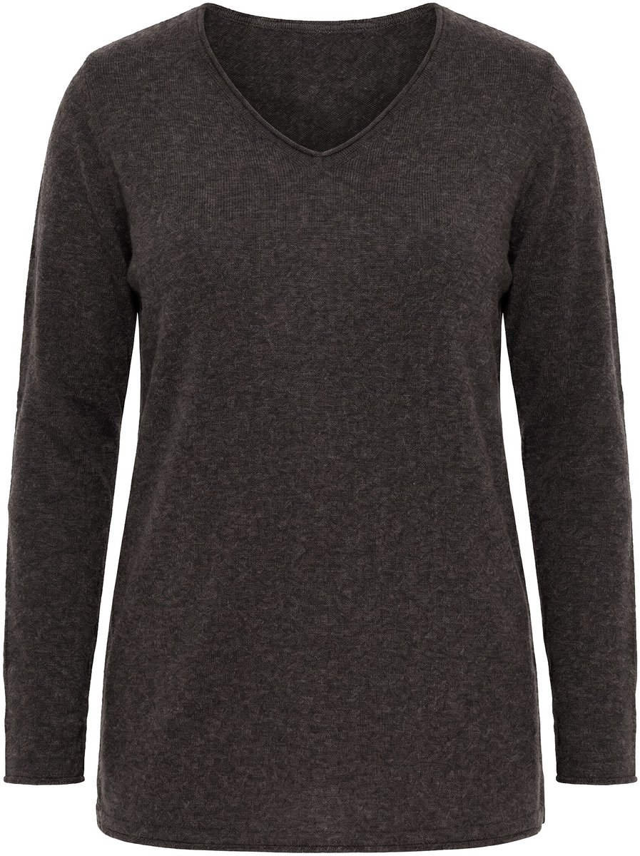 Ulla Popken - Dames - Merino trui rolranden V-hals lange mouw - Mahonie - Maat 42+