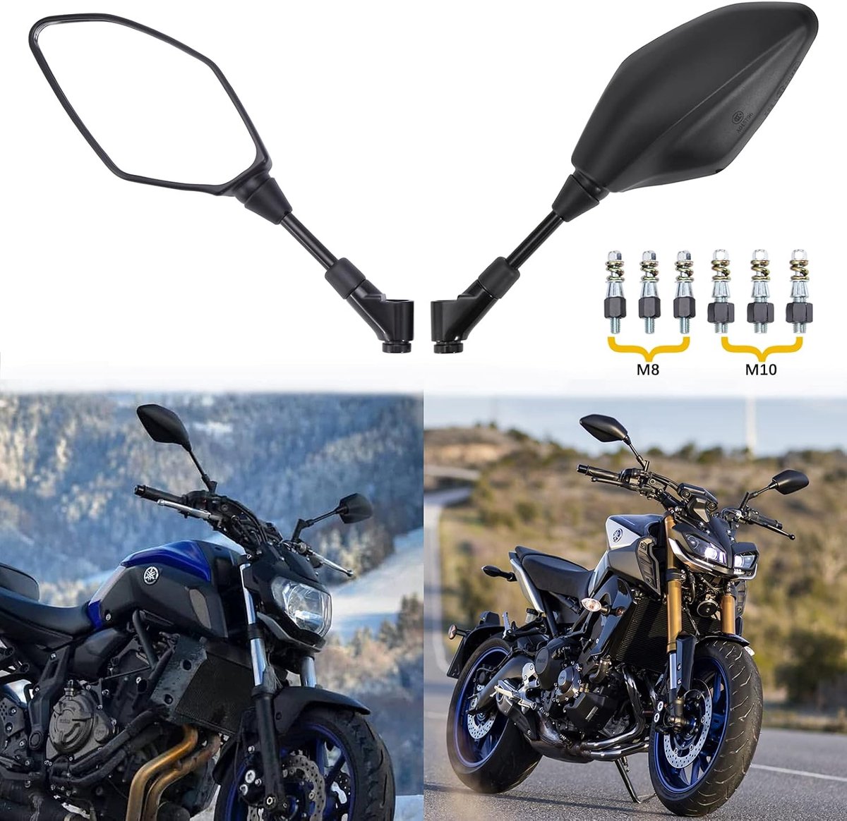 toegelaten, zijspiegel, universeel, 8 mm, 10 mm, voor Dirt Bike Street Quad Bike Cruiser ATV Scooter CB1000R CBR500R YZF R125 125R MT07 MT09, zwart.