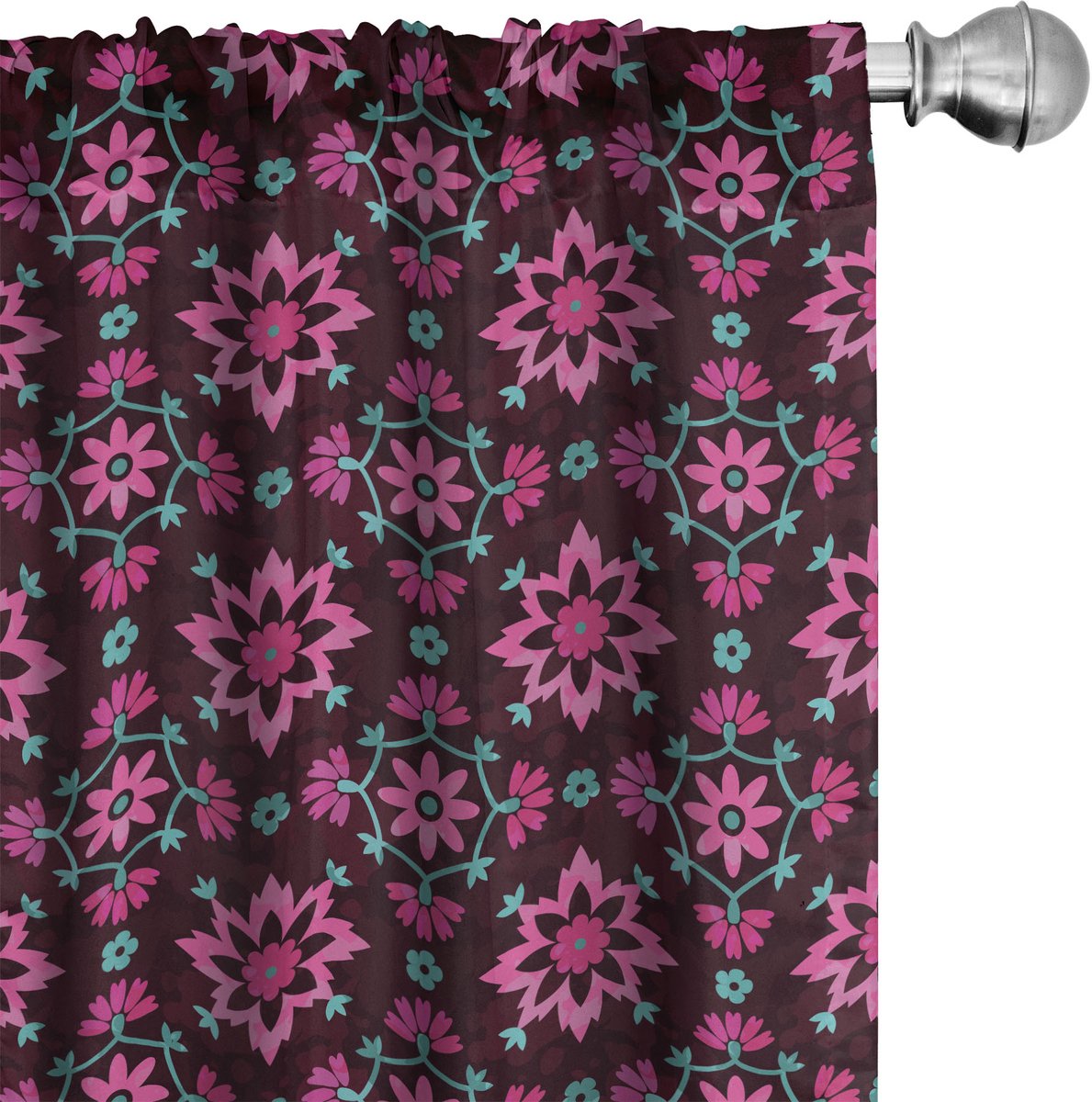 ABAKUHAUS Bloemen Raamgordijnen, Boho Botanie Gebladerte, Lichtgewicht decoratieve 2-delige set met roedezak, 2 stuks 75 cm B x 175 cm L, Bordeaux Magenta Blauwgroen