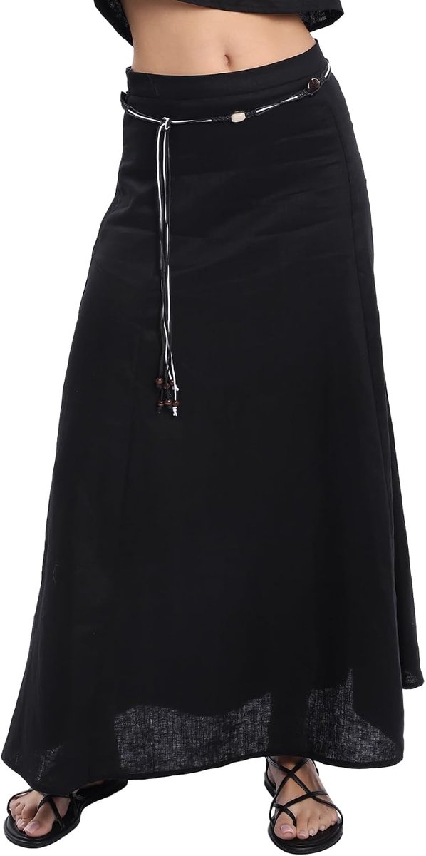 Zomerrok voor dames, linnen, lange rok, A-lijn, lange maxi-rok, elegant, casual, strandrok, met riem en zakken