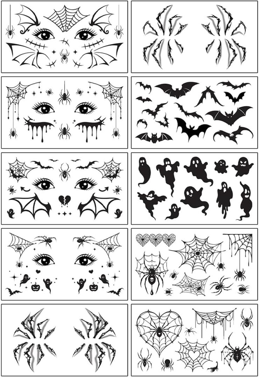Set van 10 Halloween Spider Makeup B, realistische gezichtsmake-up met spin, canvas en speciale effecten, waterdicht, voor cosplay volwassenen en kinderen