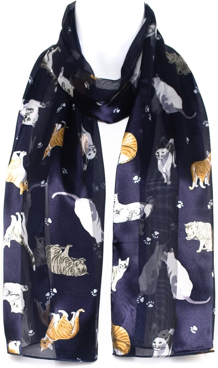 To Socks Premium Chiffon Satijn Sjaal met Kattenpoot en Kitten Print voor Dames - Gemaakt in Korea, Lichte Transparante Omslagdoek, Zachte Elegante Sjaal (Marineblauw)