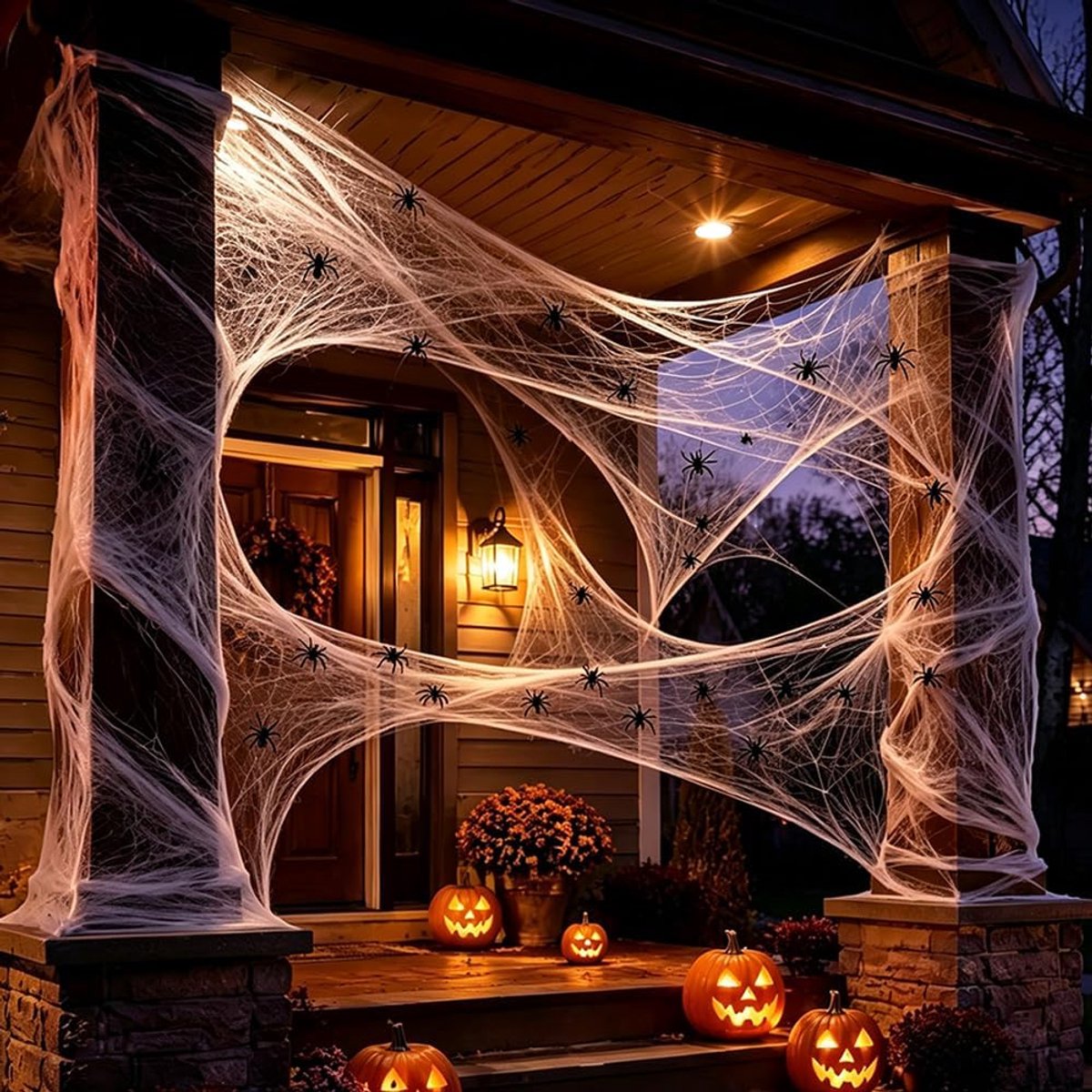 Spinnenweb Halloween, 300 g, met 60 spinnen en spinnen rekbaar, voor binnen en buiten, decoratie voor feestjes, macabriël, voor huis, tuin, accessoires voor Halloween