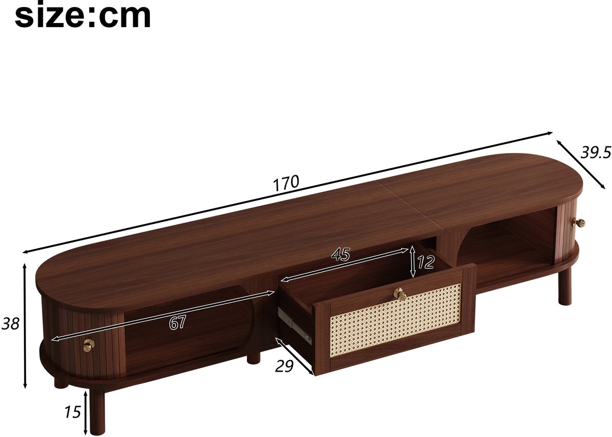 tv meubel - voor woonkamer - 170x39,5x38 cm - walnootkleur met rotan lades en massief houten deuren - landelijke stijl - handgevlochten rotan front - stevige houten poten