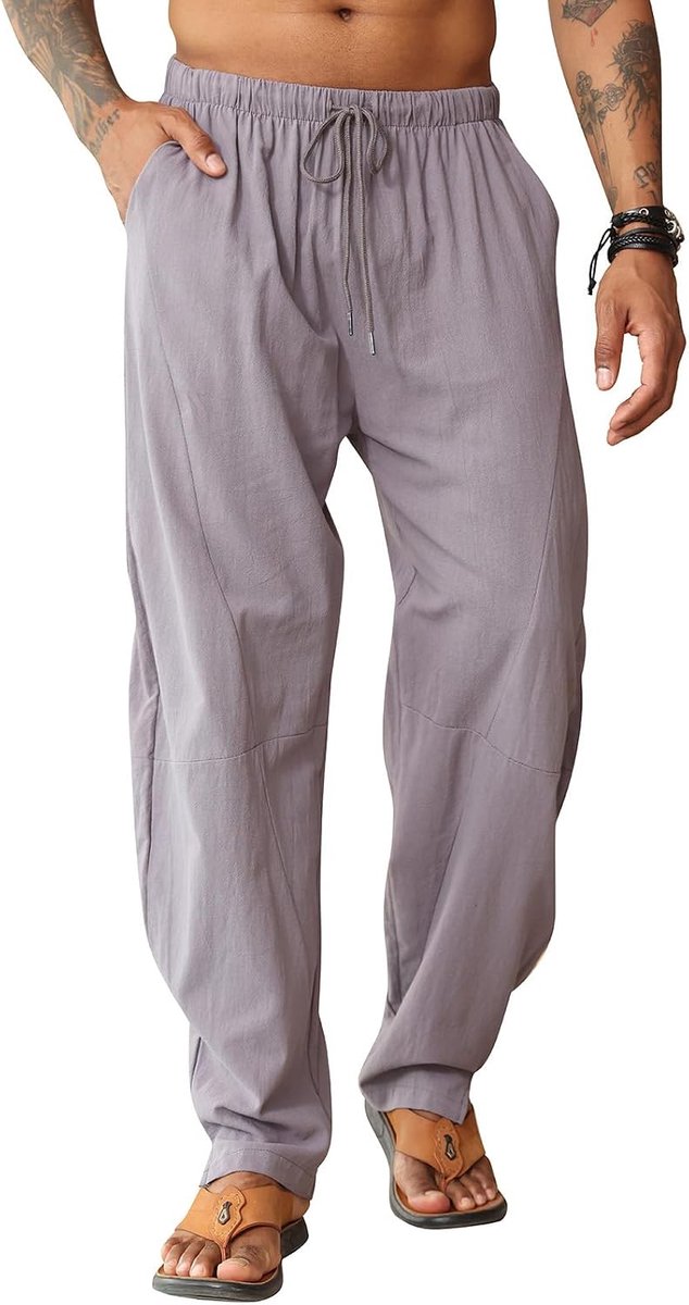 Linnen herenbroek, strandbroek, harembroek, joggingbroek, losse stretchkatoenen zomerbroek, Grijs, L : Amazon.nl: Kleding, schoenen & sieraden