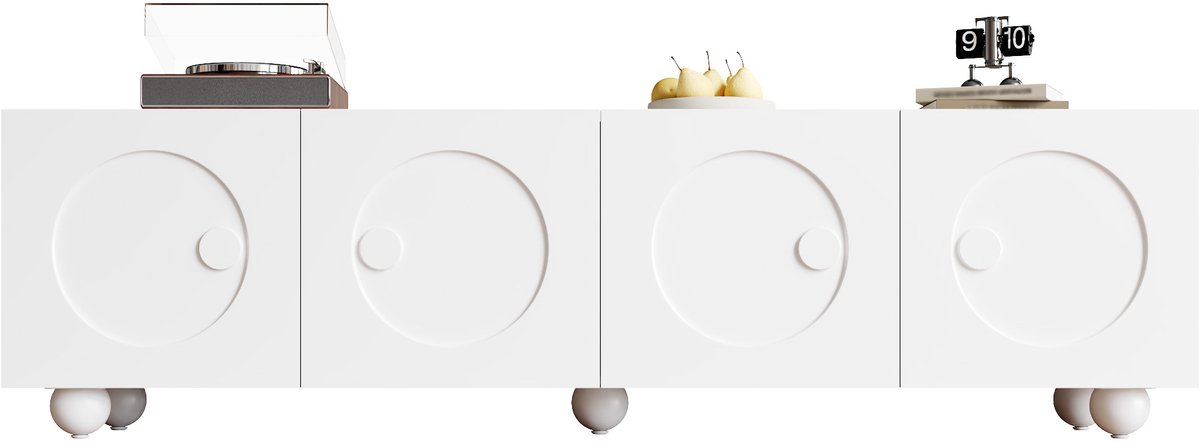 tv meubel Wit 180,5x38x50 cm - 3D-reliëf deurpanelen - Matwitte afwerking - Gesloten opbergvakken - Stabiele bolvormige poten - Draagvermogen 60 kg