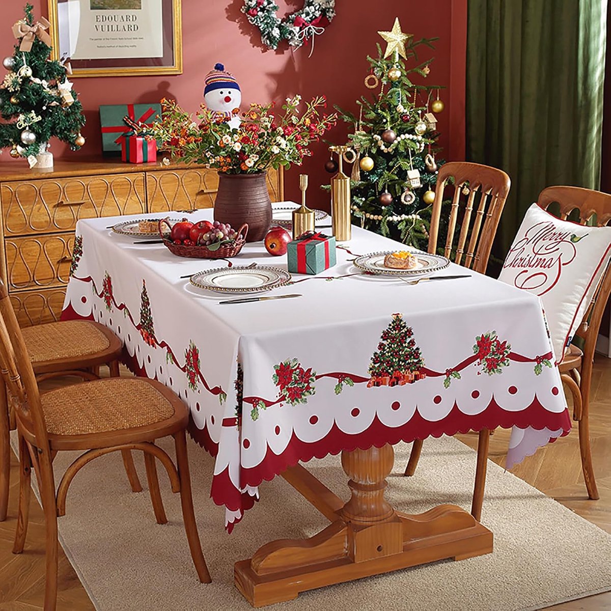 Tafelkleed - Rechthoekig Kerstprint Tafelkleed - Waterdicht en Vlekbestendig Polyester - Geschikt voor Kerstfeest en Feestelijke Maaltijden - Formaat 150x260 cm - 1 Stuk