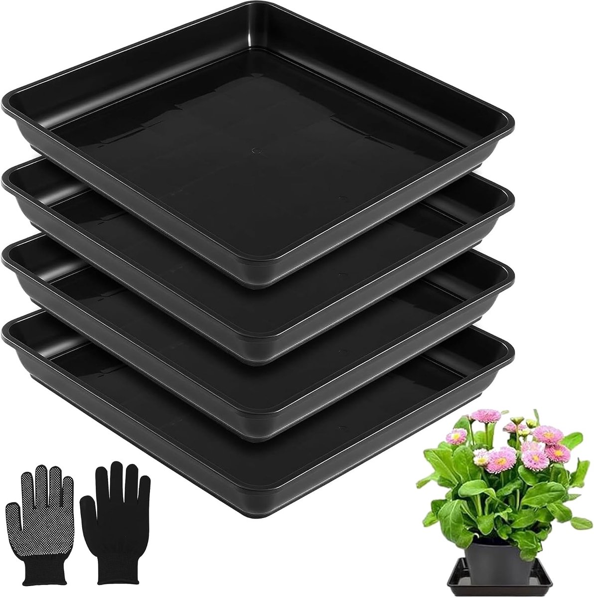 4 stuks bloempotonderzetters, vierkant, 29 x 29 cm, onderzetters voor bloempotten, kunststof, plantenonderzetters, bloempotmat, zwart, voor binnen en buiten, tuin, balkon, woonkamer