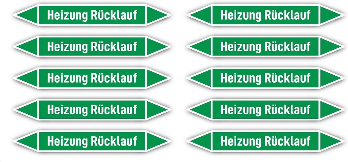 100x15 mm, 10 stuks - groep 1 - water - leidingmarkering - volgens DIN 2403 - taal: Duits - verwarming terugloop