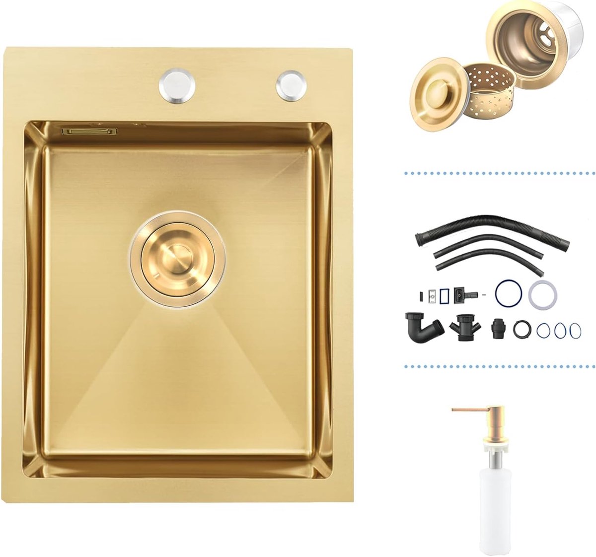Bar Drop in Aanrecht, 35 x 45 cm, RV Klein Roestvrij Staal 16 Gauge Topmount Kleine Spoelbak, Enkele Kom Gouden Natte Bar Outdoor Campervan, Wastafel met Afvoerzeef. Zeepdispenser