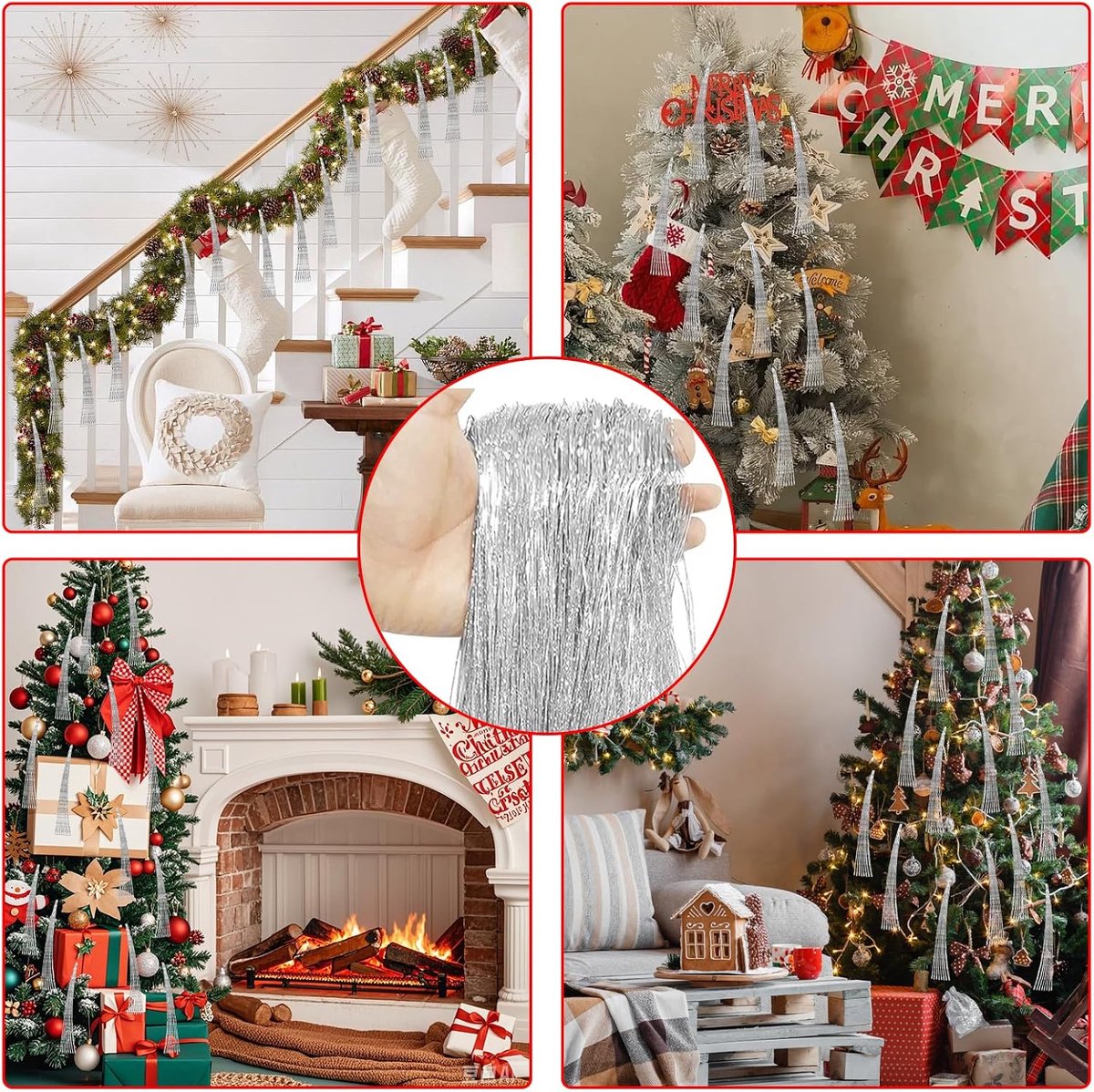 Wit, dennenboom decoratie Kerstmis party kerstboom lametta gordijn zwart kerstboomversiering kerstdecoratie kerstboom sieraden glitter metaal ophangen, voor oudejaarsavond decoratie – foto 7