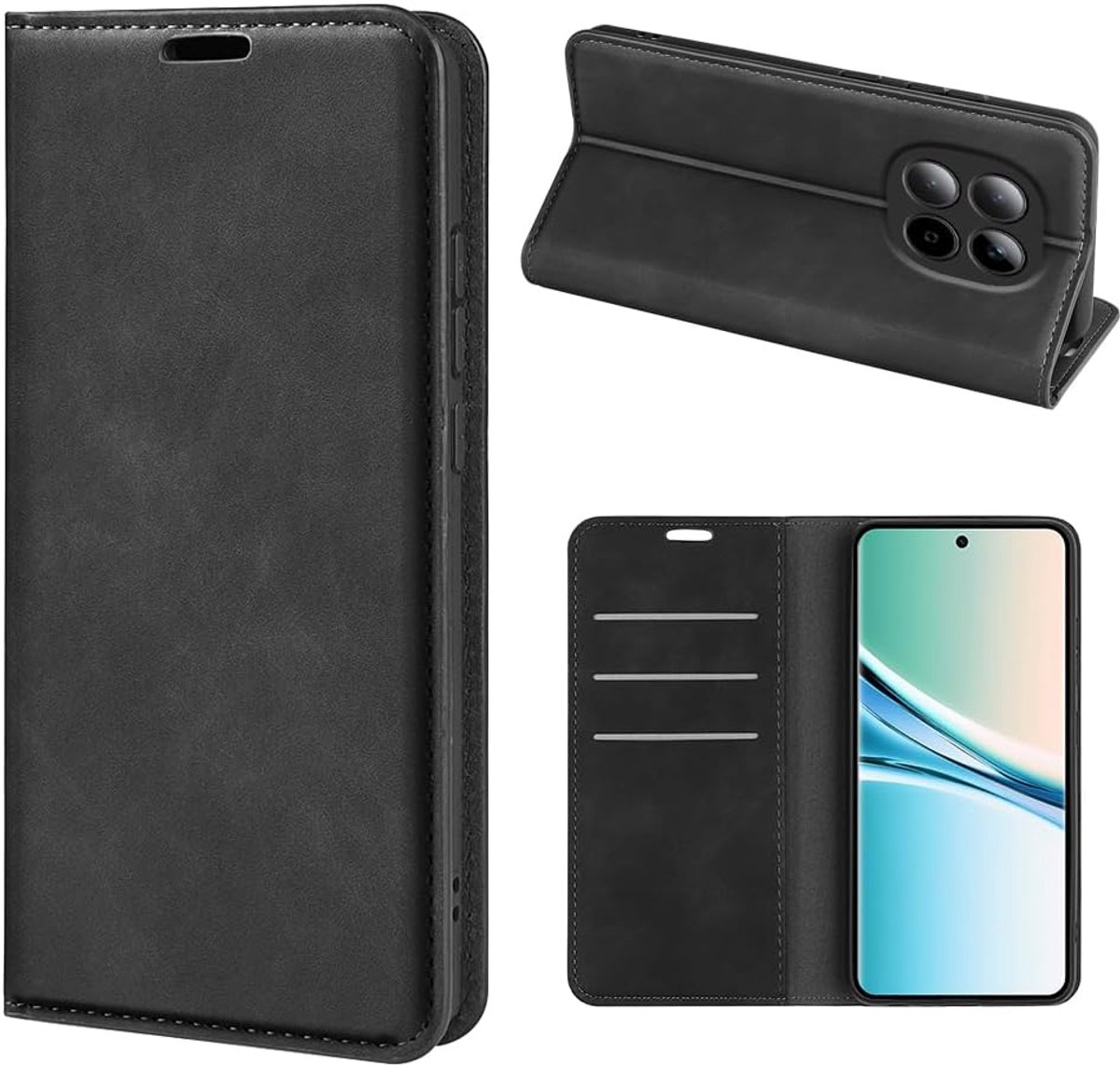 Hoesje voor Xiaomi Redmi Note 15 5G / 4G, lederen portemonnee flip cover beschermend met standaard, kaarthouder en magnetische sluiting [siliconen binnenschal] schokbestendige huid, zwart