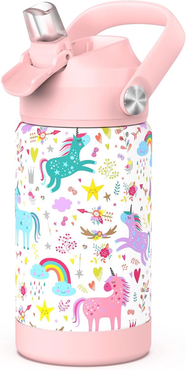 Jongens Geïsoleerde Kinder Waterfles Met Stro, 12 Oz Kids Cups Met Roestvrij Staal Lek Bewijs Voor School Dagopvang（Eenhoorn）