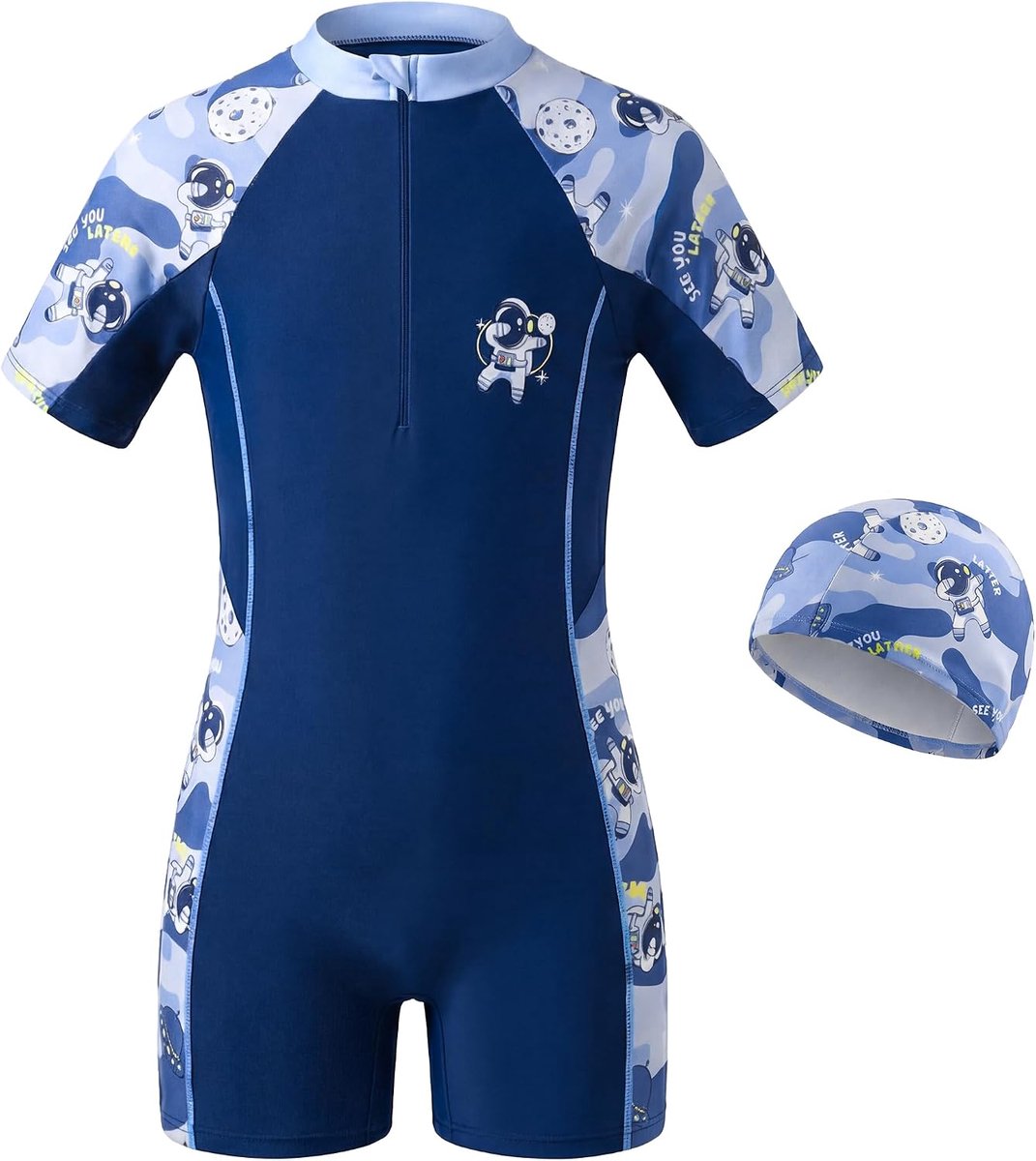 Tokeya Meisjes Eendelig Badpak Kinderzwempak met Badmuts Korte Mouw Rits Sneldrogend Zomer Zwemkleding Badmode voor Strand Zwembad 4-10 Jaar