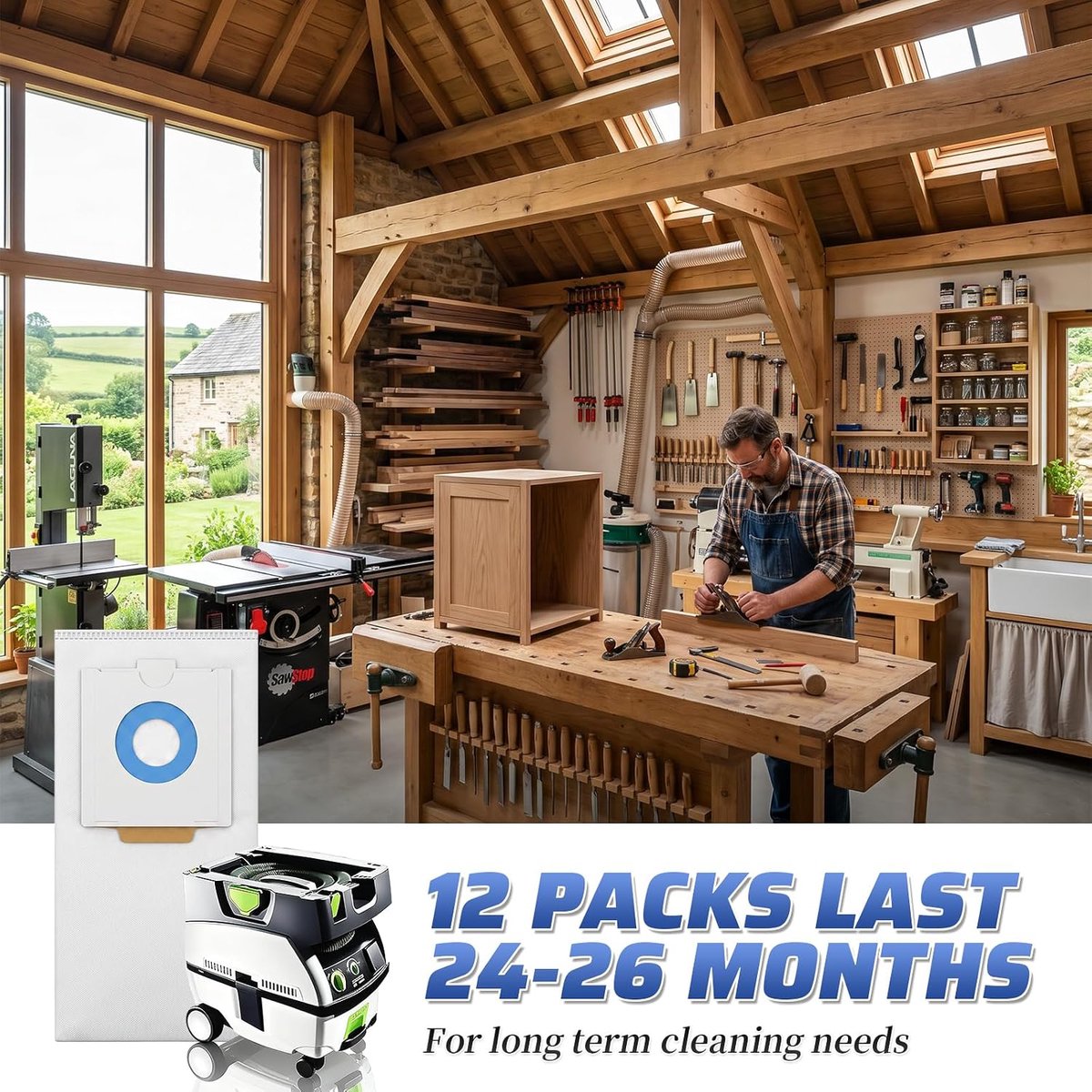12 zelfreinigende filterzakken voor Festool CT 26 / CTM 26 E/CTL 26 E CLEANTEC (496187) – Filterzak met grote capaciteit, vervangende filterzak SC FIS-CT 26/5