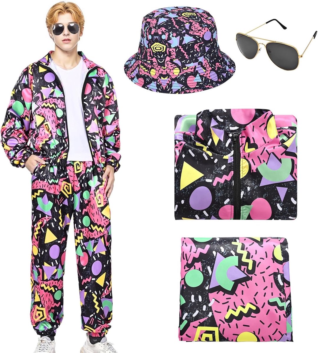 Jaren 80-outfit voor heren en dames, jaren 80-trainingspak, joggingpak, jaren 80, trainingspak, jas, broek, jaren 80-accessoire, carnavalskostuums.