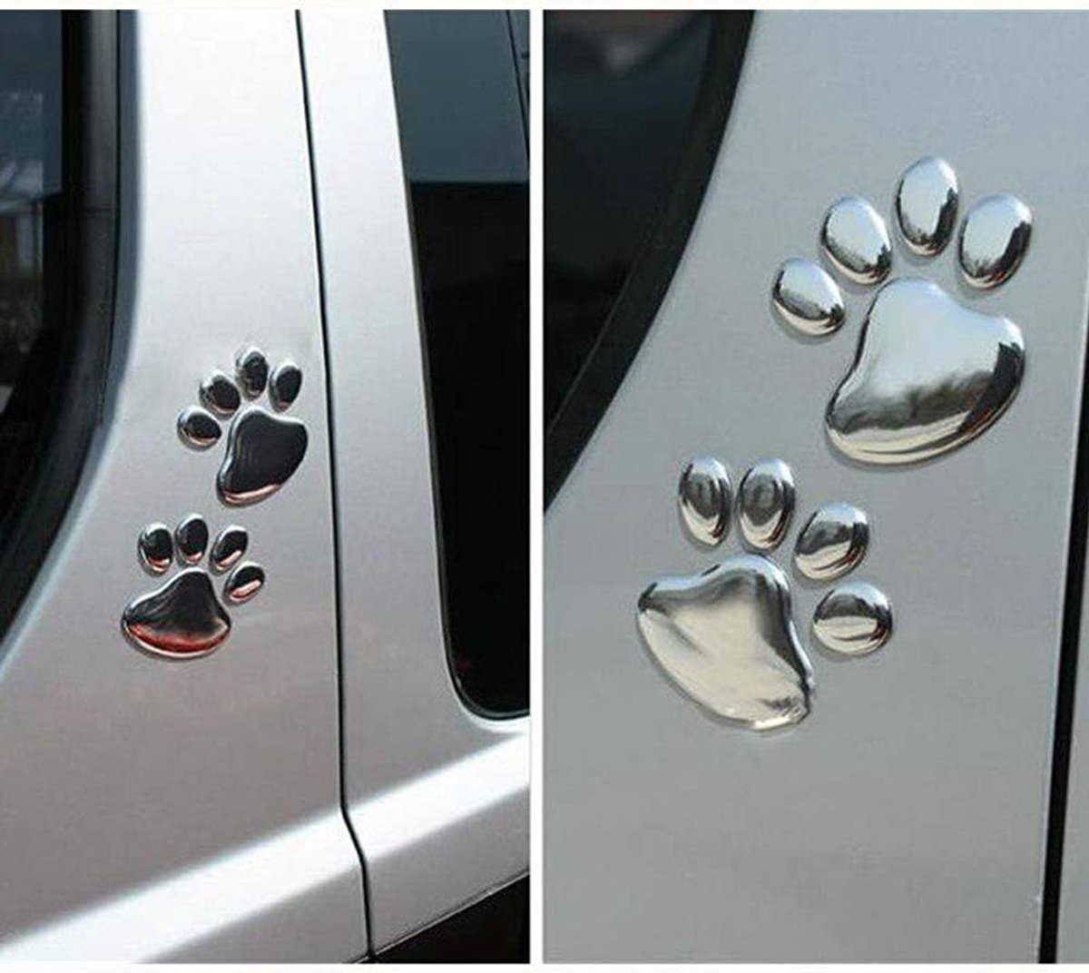 2 Stuks Autostickers, 3D Hond Pootafdruk Sticker met Zelfklevende Achterkant voor Autoruit Bumper, Zilver Rood Zwart Goud Kleuropties, 70 Mm X 60 Mm (Zilver)