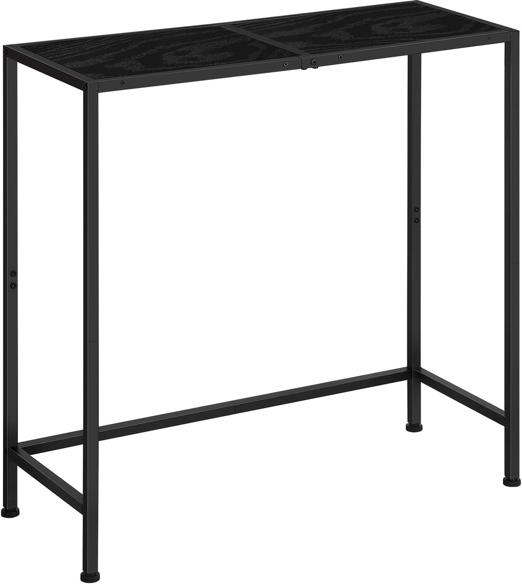 Zwarte consoletafel, moderne salontafel, haltafel met houten plaat, ingangstafel met stabiel stalen frame, smalle presentatietafel voor kleine ruimtes, entree, woonkamer, hal