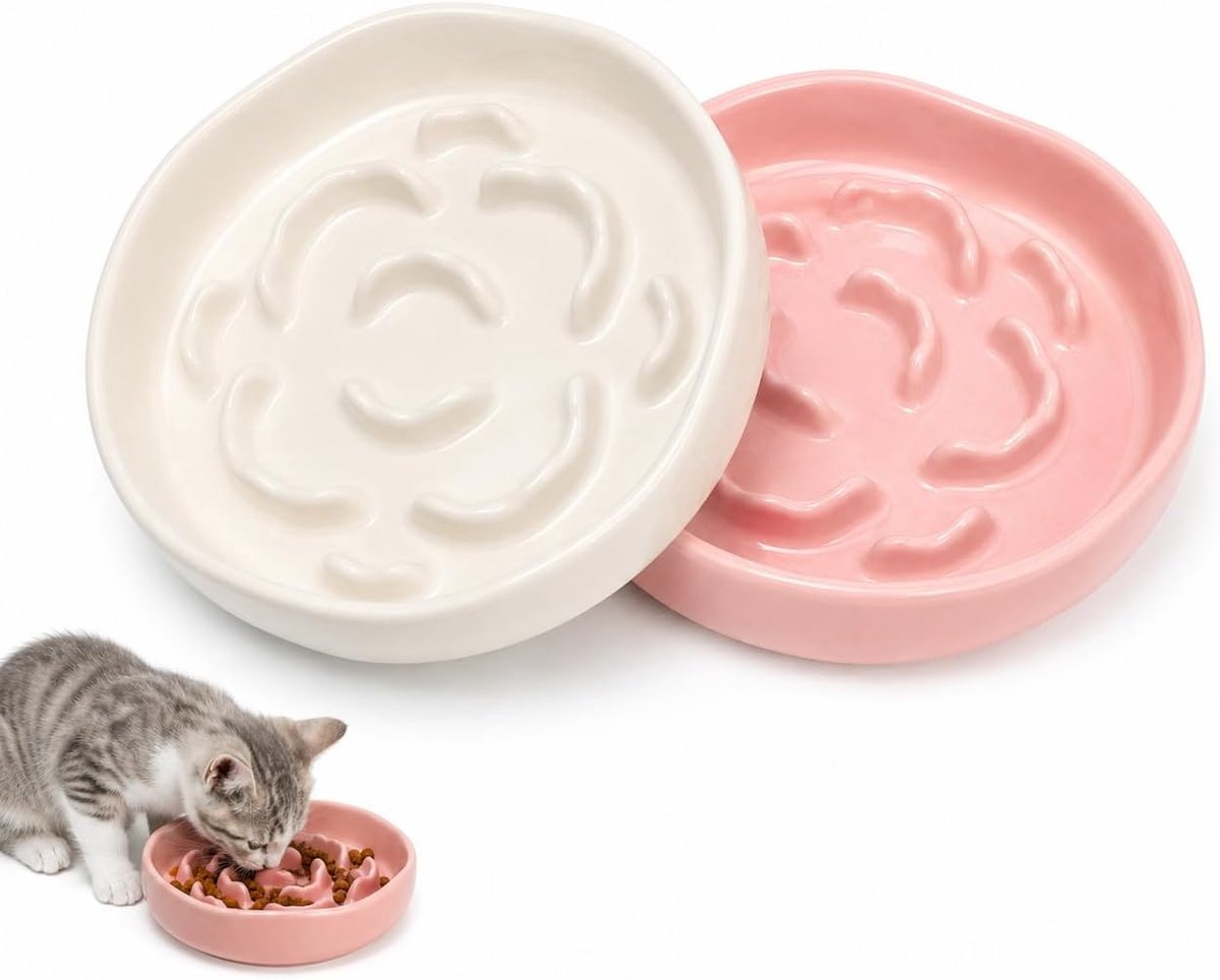 2 stuks voederbak voor katten, kattenbak, keramiek, slow feeder kat, bloemblaaddesign, verstikkingsbestendig, langzaam vrijkomende formule, geschikt voor katten en honden