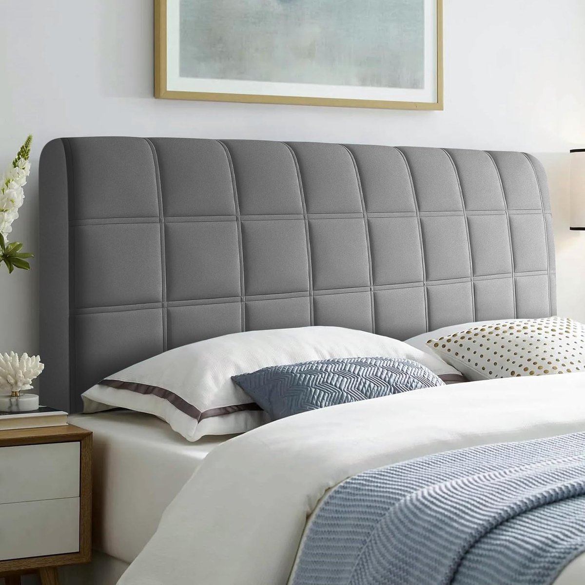 Beschermhoes voor het hoofdbord van het bed, vierkant, verdikt, doorgestikt, zachte hoofdbordhoes voor slaapkamer, donkergrijs, 220 cm