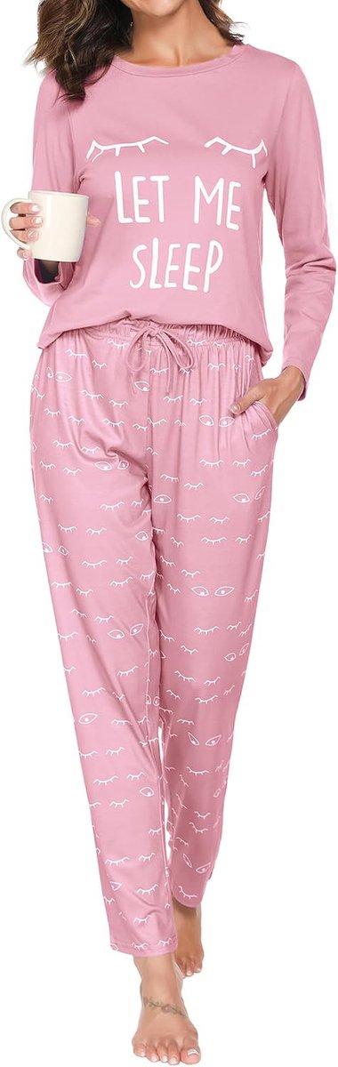 damespyjama, winterpyjama, tweedelige pyjama voor dames, met wimpermotief, lange mouwen en broek met zakken, los, comfortabel, voor thuis en vrije tijd, S-XXL