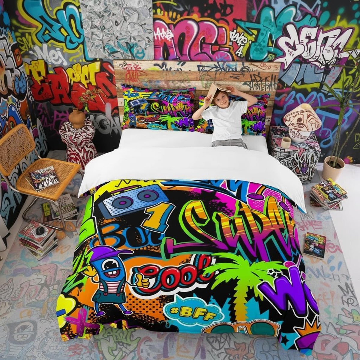 Cartoon beddengoedset, hip Hop street cultuur, beddengoedset, 200 x 200 cm, graffiti, letters, bedset voor kinderen, jongens, meisjes, tieners, 3 stuks, ritssluiting, microvezel