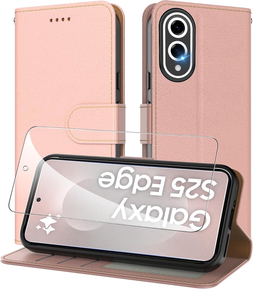 Beschermhoesje voor Samsung Galaxy S25 Edge, afneembare klaphoes met 1 stuks veiligheidsglas + kaartsleuven, stootvast, PU-leer, flipcase, standaard, zwart