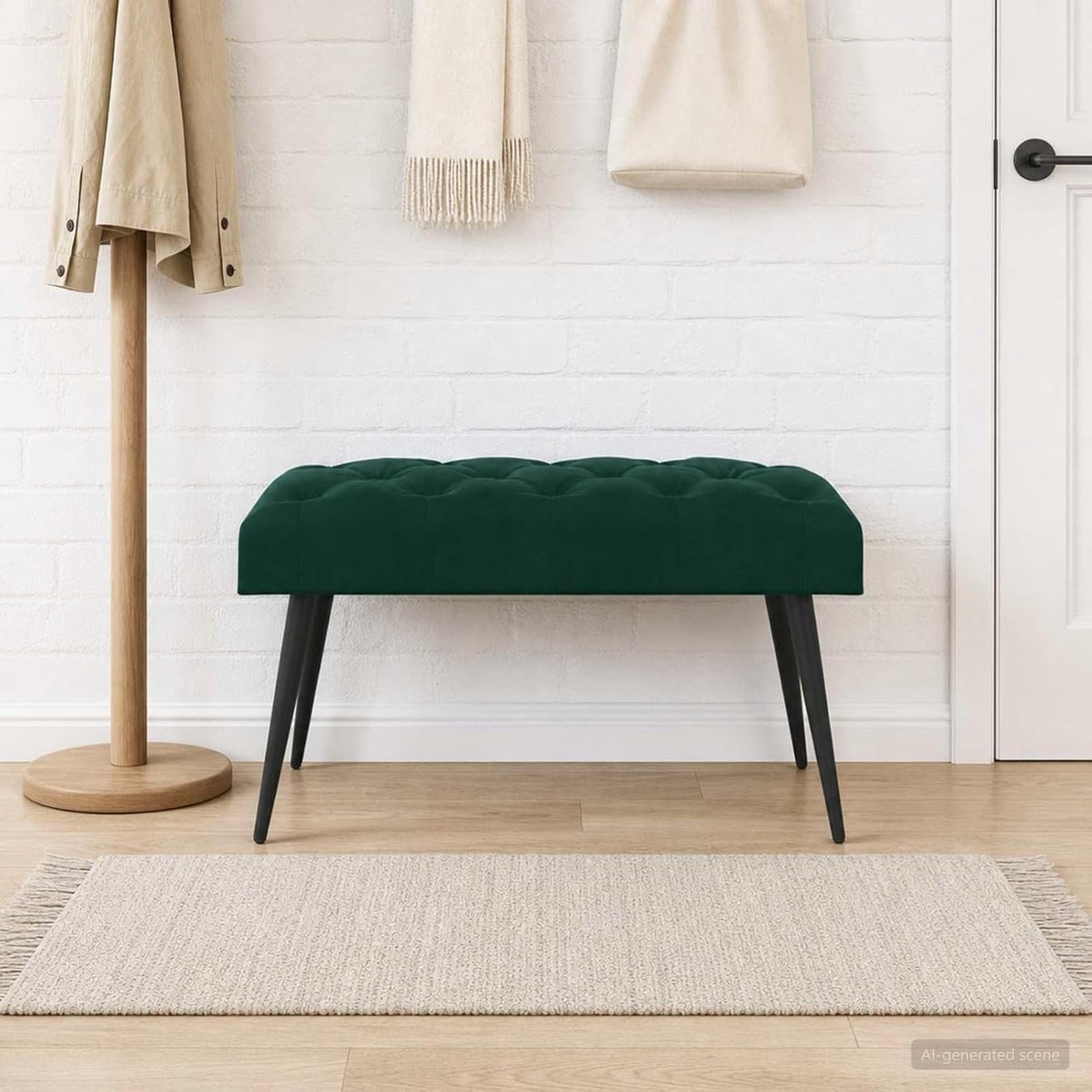 Fluwelen bank met knoopsluiting, donkergroen, 80 x 40 x 46 cm, elegant gestoffeerd meubelstuk voor slaapkamer en woonkamer, gevoerde zitbank in stijl