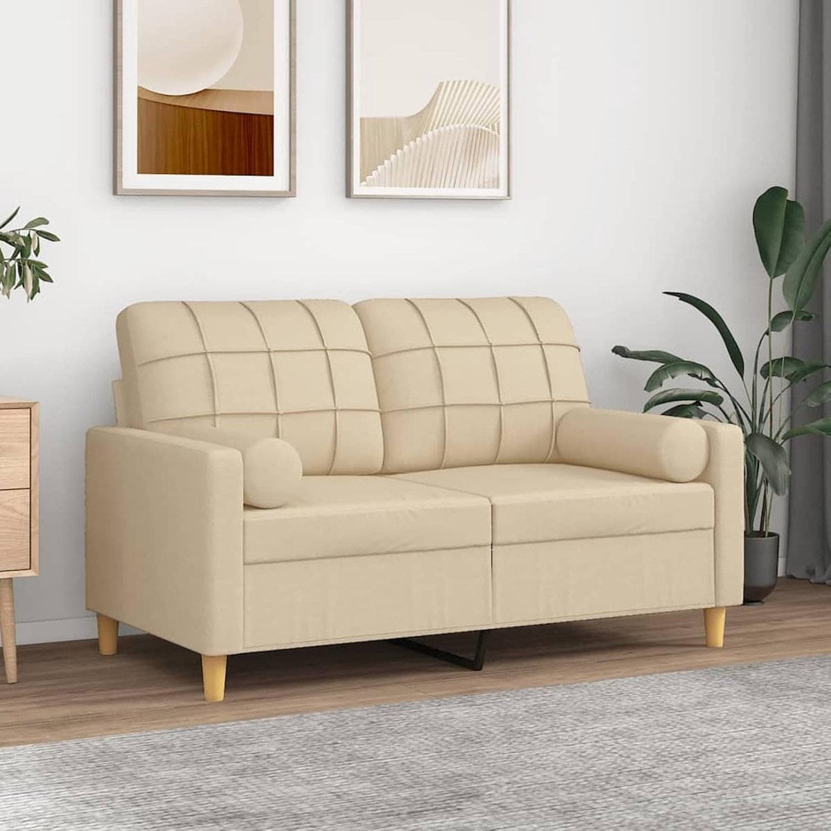 Sofa voor woonkamer, 2-zits, vierkant design, van stof, crème, met 2 kussens, 138 x 77 x 80 cm, moderne stoffen bank, 2-zitsbank van stof