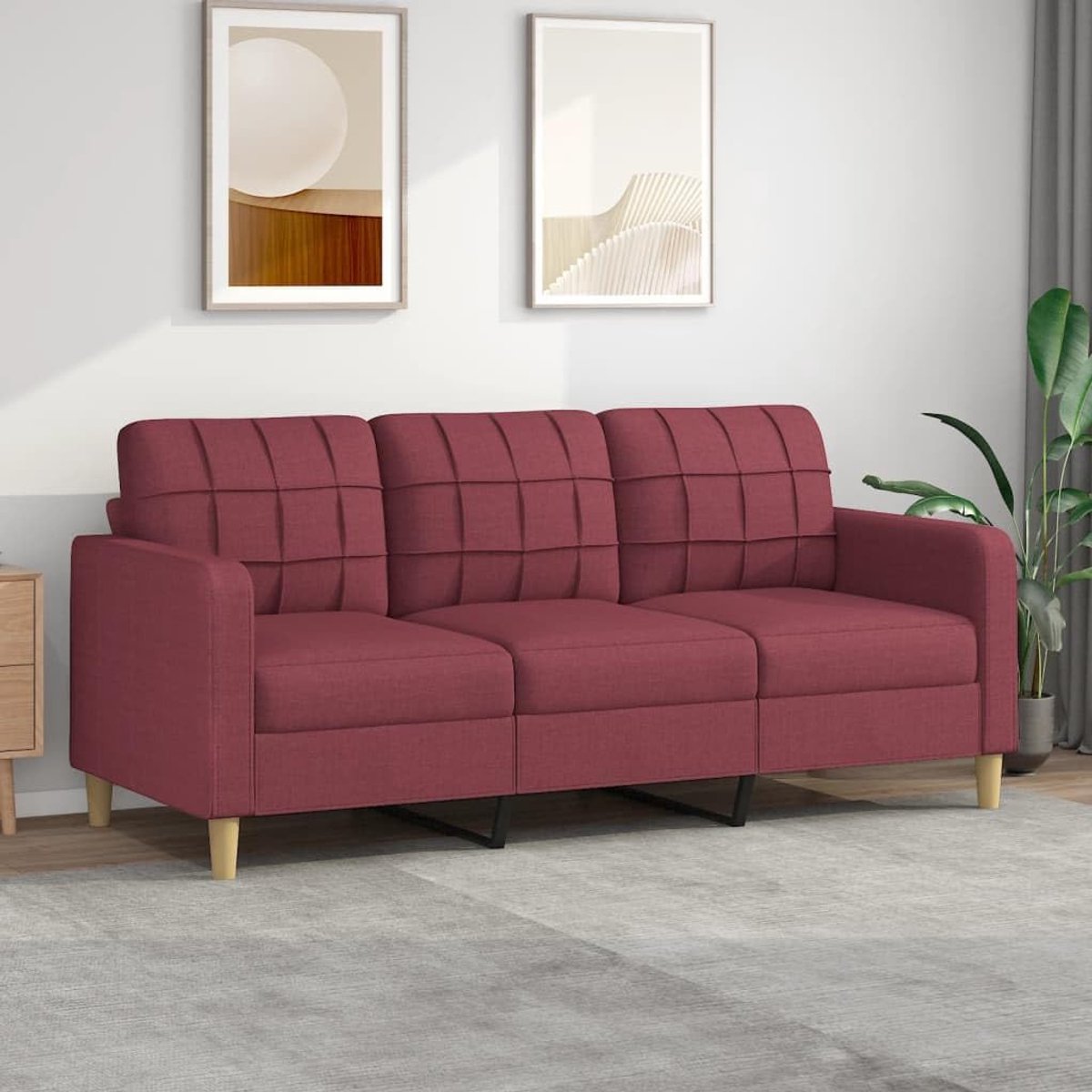 Moderne 3-zitsbank van wijnrode stof met kussen, 198 x 77 x 80 cm, voor woonkamer