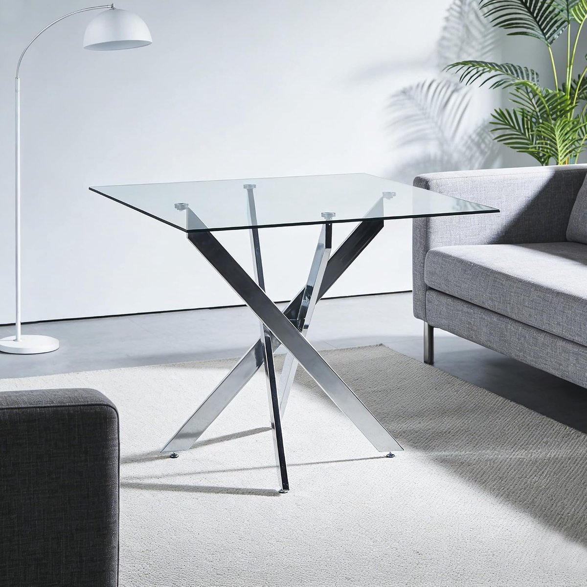 Ruimtebesparende eettafel, keukentafel met glasplaat en X-vormige metalen poten voor 2-3 personen, 80 x 80 x 75 cm (zilver, vierkant)