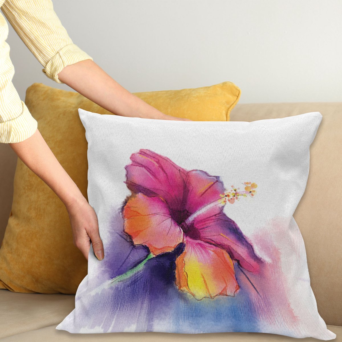 ABAKUHAUS Bloemen Kussenhoes, Hibiskus-Bloemen-Pastel, Wasbare Kussenhoes met Ritssluiting, Kleurechte Heldere Kleuren en Dubbelzijdige Print, 40 x 40 cm, Meerkleurig
