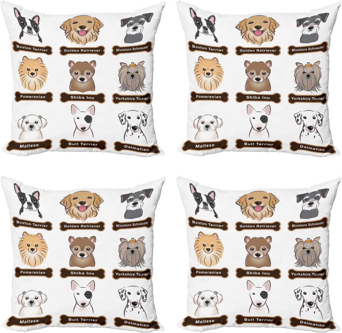 ABAKUHAUS Dier Sierkussen Kussenhoes 4er Set, Boston Terrier Hunde, Modern Accent Dubbelzijdige Digitale Print, 45 x 45 cm, Grijs Crème Wit