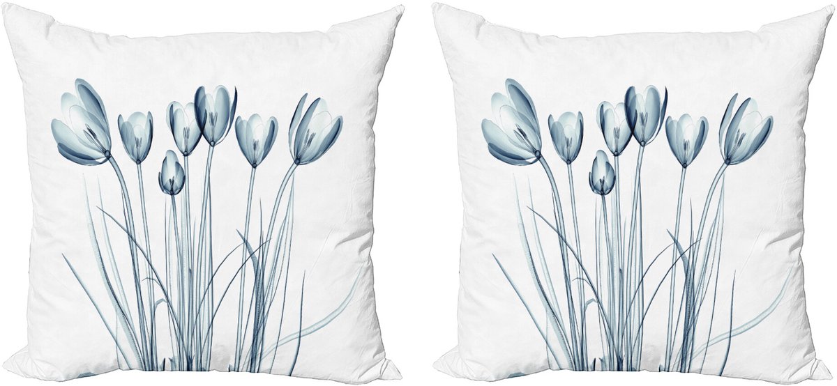ABAKUHAUS Bloem Sierkussenhoes Set van 2, Tulpen met Solar-Effekt, Modern Accent Dubbelzijdige Digitale Print, 40x40, Dunkel Petrol Blauw Wit