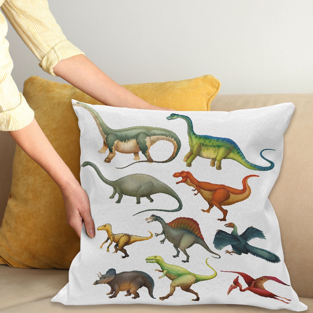 ABAKUHAUS Dinosaurier Kussenhoes, Jurassic Zusammensetzung, Water- en Vuilafstotend, Wasbaar, Dubbelzijdige Print met Ritssluiting, 45 x 45 cm, Meerkleurig