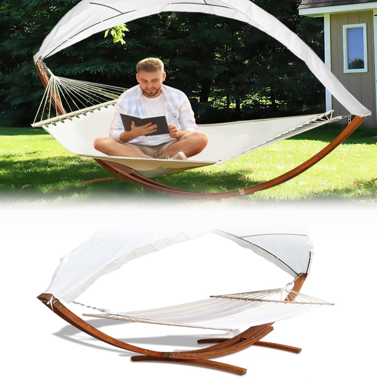 Hangmatten met frame voor 2 personen, houten dubbele hangmat, hangstoel, meubels, 200 x 150 cm, belastbaarheid 200 kg, voor tuin, camping, balkon, strand, zwembad