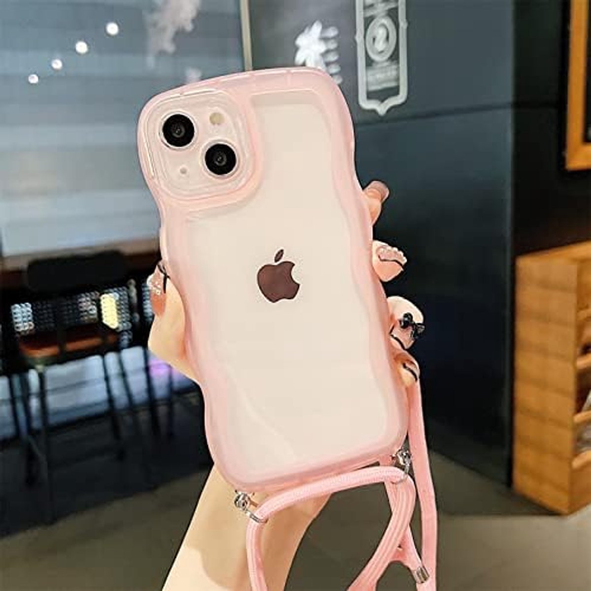 Telefoonhoesje met koord, compatibel met iPhone 16 Pro, transparante grote golven, TPU, zachte siliconen telefoonhoes met stijlvol koord om om te hangen, beschermhoes, case cover voor iPhone 16