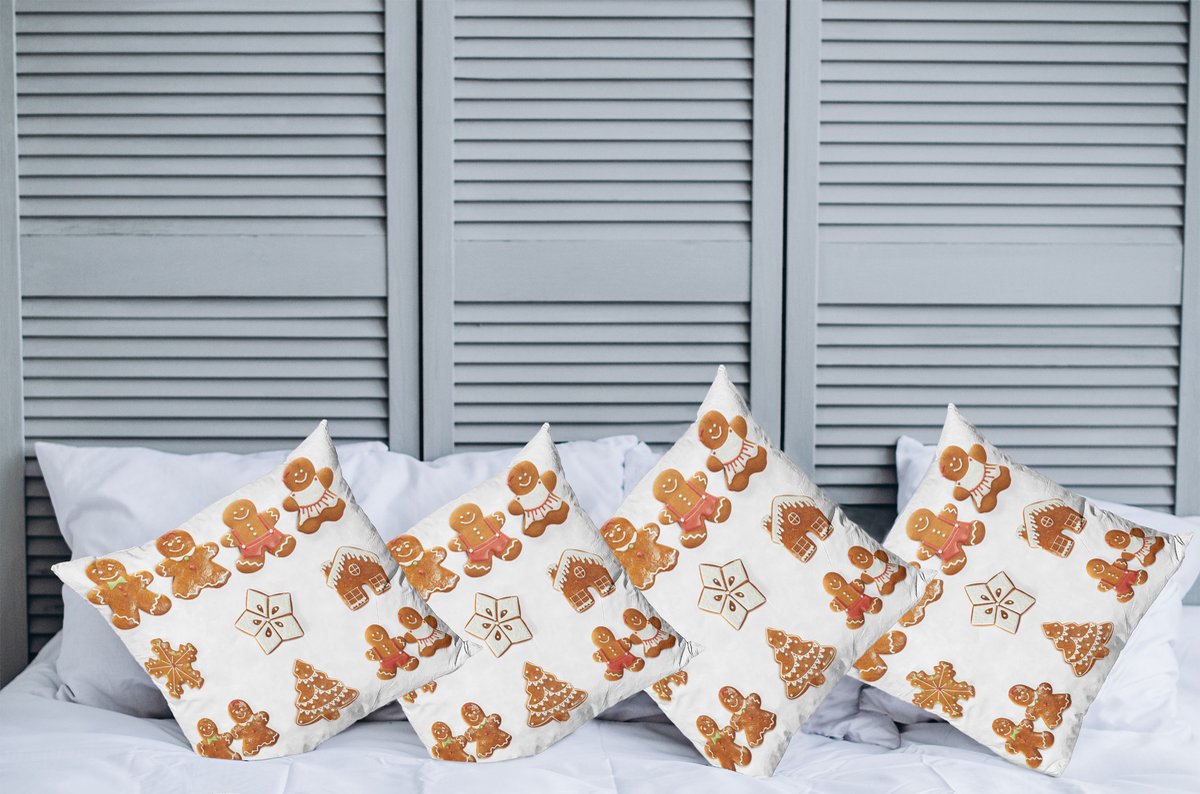 ABAKUHAUS Lebkuchenmann Sierkussen Kussenhoes 4er Set, Haus Boom, Modern Accent Dubbelzijdige Digitale Print, 40 x 40 cm, Lichtbruin Wit