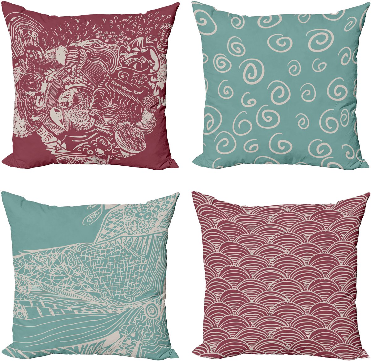 ABAKUHAUS Abstract Sierkussen Kussenhoes 4er Set, Sketchy Stijl Zeichnungen Modern Accent Dubbelzijdige Digitale Print, 40 cm x 40 cm, Himbeere, Seeschaum en Kokosnuss