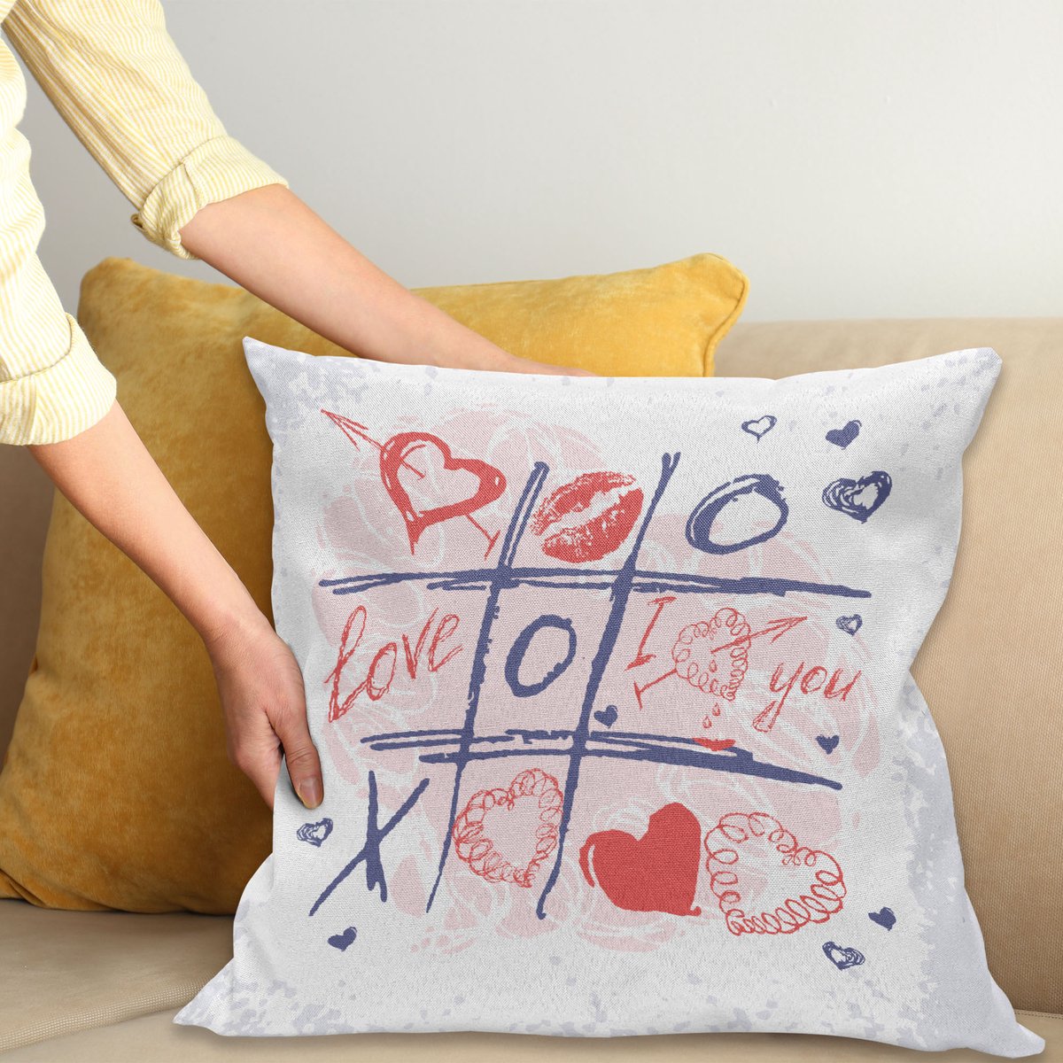 ABAKUHAUS Valentinstag Kussenhoes, Xoxo Spiel met de Lippen, Digitale Print, Waterbestendig, Kleurecht, Wasbare Kussenhoes met Ritssluiting, 45 x 45 cm, Wit Blauw Rood