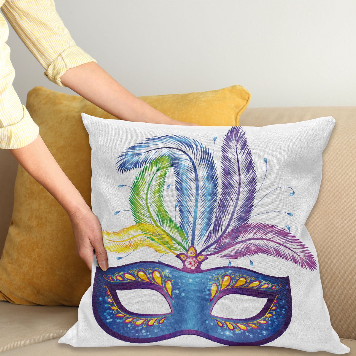 ABAKUHAUS Karneval Kussenhoes, Blauw Venetian Mask, Kussenhoes met Dubbelzijdig Patroon, Heldere Digitale Print, Kleurecht, met Ritssluiting, 50 x 50 cm, Meerkleurig