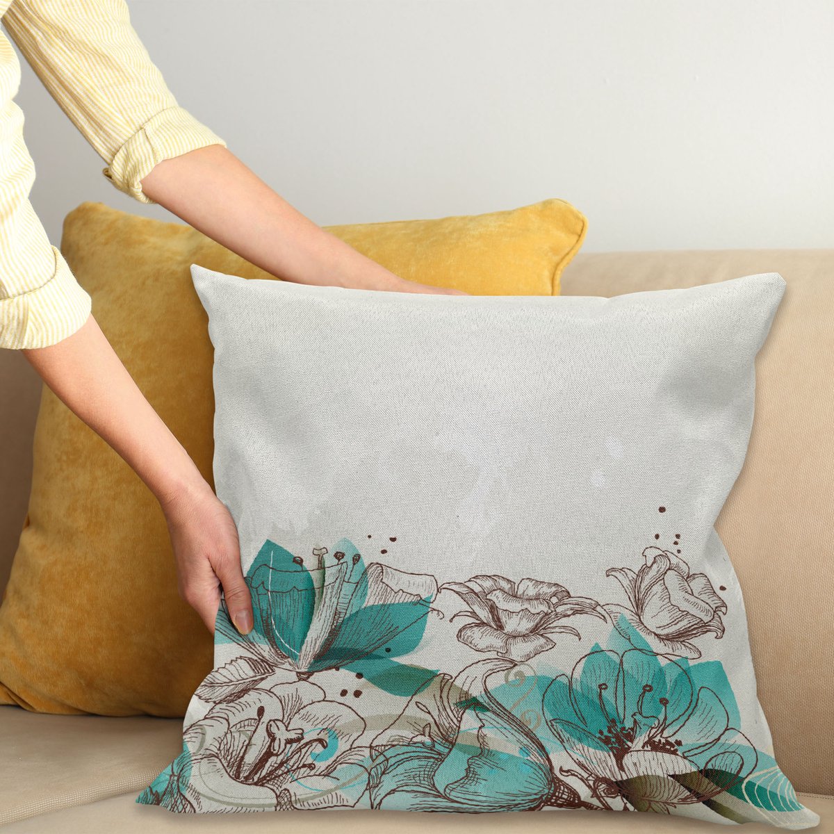 ABAKUHAUS Turquoise Kussenhoes, Retro Hibiscus Kunst, Van Kleurechte Wasbare Stof, Dubbelzijdige Print met Stevige Ritssluiting, 40 x 40 cm, Beige Teal