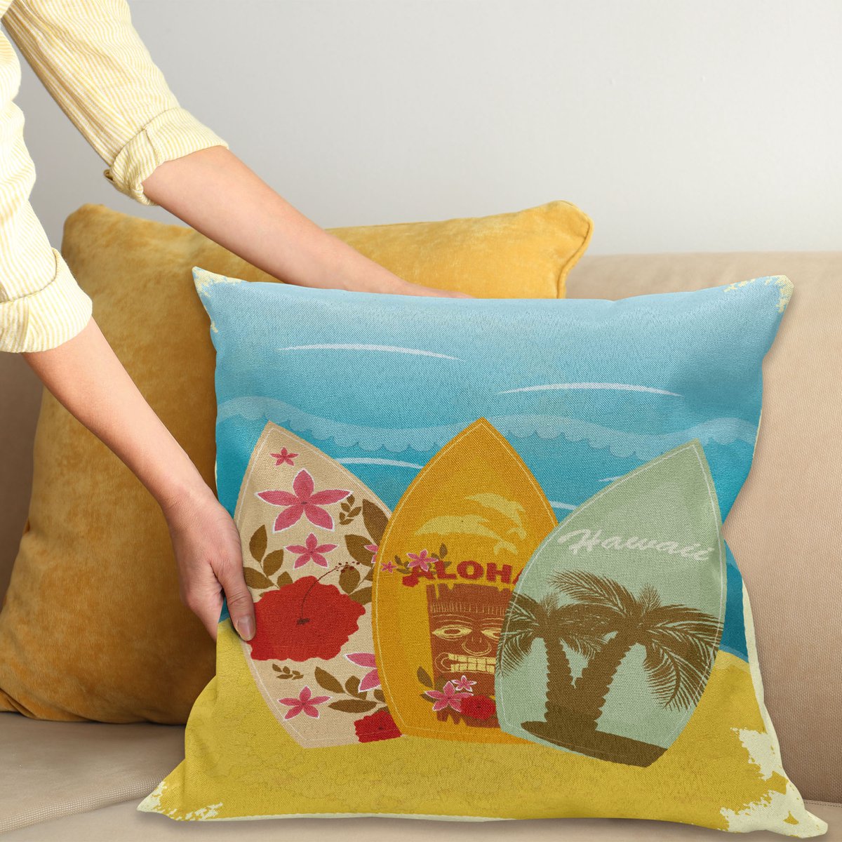 ABAKUHAUS Tiki Bar Kussenhoes, Surfbrett Exotisch, Kussenhoezen met Dubbelzijdige Print Kleurecht Wasbaar en Ritssluiting, 50 x 50 cm, Meerkleurig