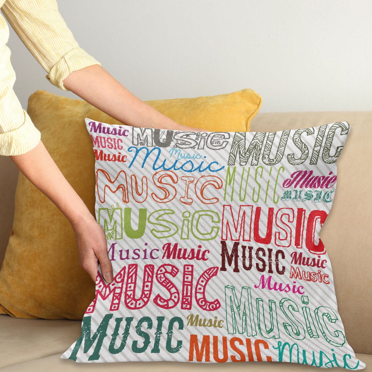 ABAKUHAUS Muziek Kussenhoes, Typografie Rhythm Funky, Digitale Print, Waterbestendig, Kleurecht, Wasbare Kussenhoes met Ritssluiting, 50 x 50 cm, Meerkleurig