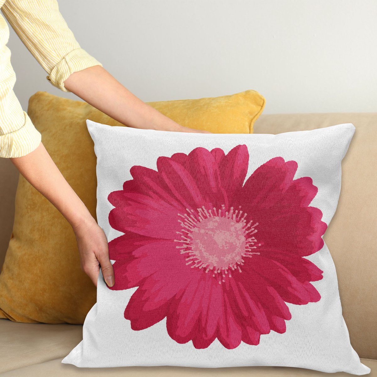 ABAKUHAUS Gerber Daisy Kussenhoes, Close up Bloem, Van Kleurechte Wasbare Stof, Dubbelzijdige Print met Stevige Ritssluiting, 45 x 45 cm, Donker Roze Roze