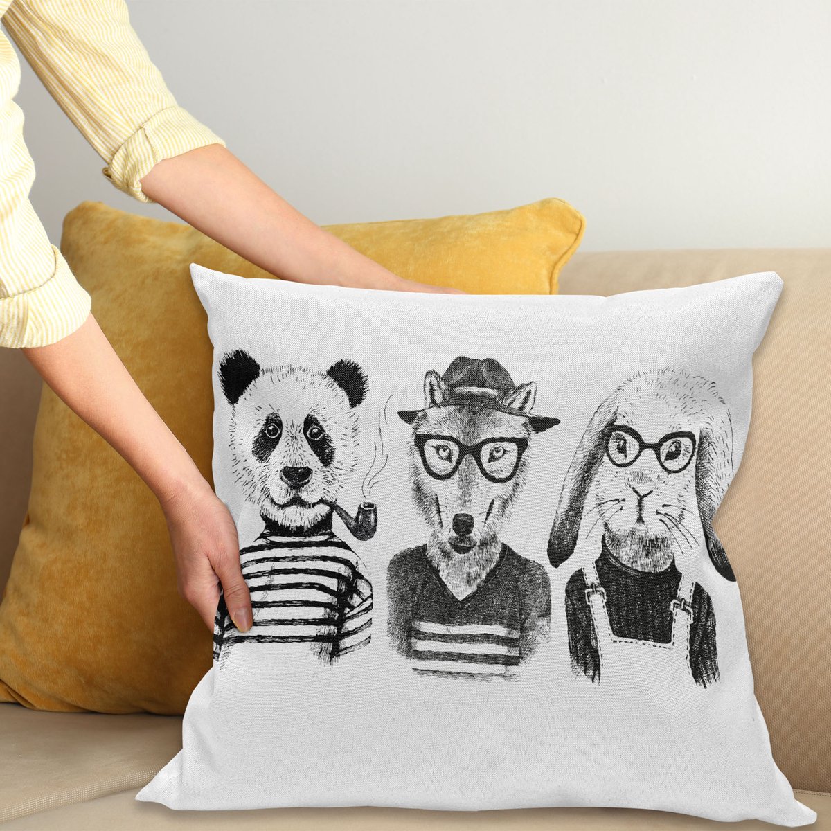 ABAKUHAUS Dier Kussenhoes, Hipster Panda Zigarre Fox, Kussenhoes met Dubbelzijdig Patroon, Heldere Digitale Print, Kleurecht, met Ritssluiting, 40 x 40 cm, Zwart Wit Grijs