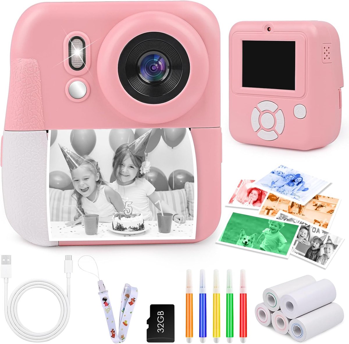 Instant Camera voor kinderen, 6,1 cm (2,4 inch) 1080P, selfiecamera, digitale camera met 32 GB kaart en fotopapier, kerstcadeaus voor 3-12 jaar