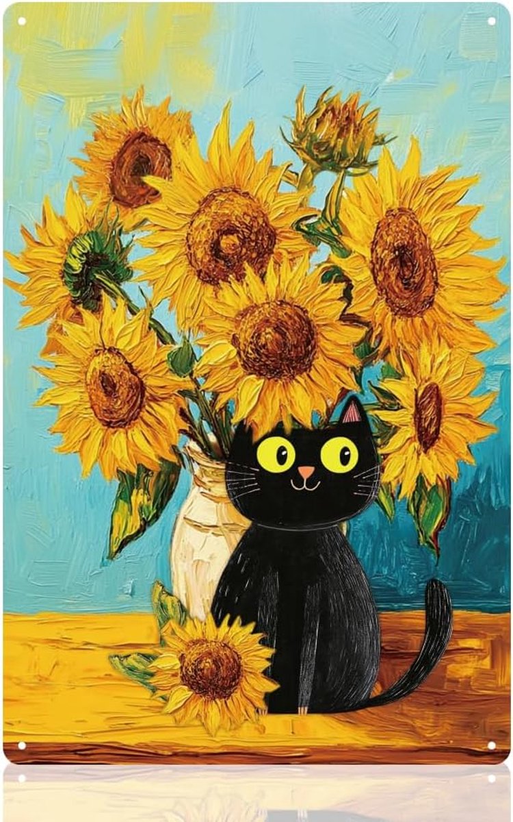 Zonnebloem en schattige zwarte kat muurkunst decor metalen bord, vintage metalen tinnen poster voor thuis slaapkamer woonkamer slaapzaal decor cadeau 20 x 30,5 cm